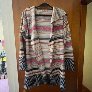 Janice Hooded Open Cardigan Sweater Multi Colored Stripes and Blue - One Size